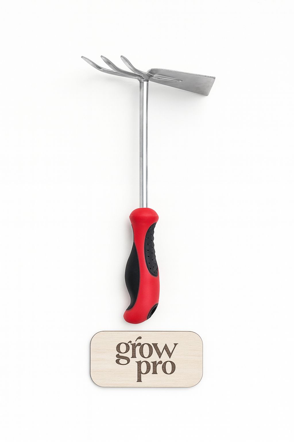 Dual-head gardening tool with stainless steel cultivator and hoe, featuring a red and black ergonomic handle, displayed on a white background with engraved wooden Grow Pro logo plaque.”