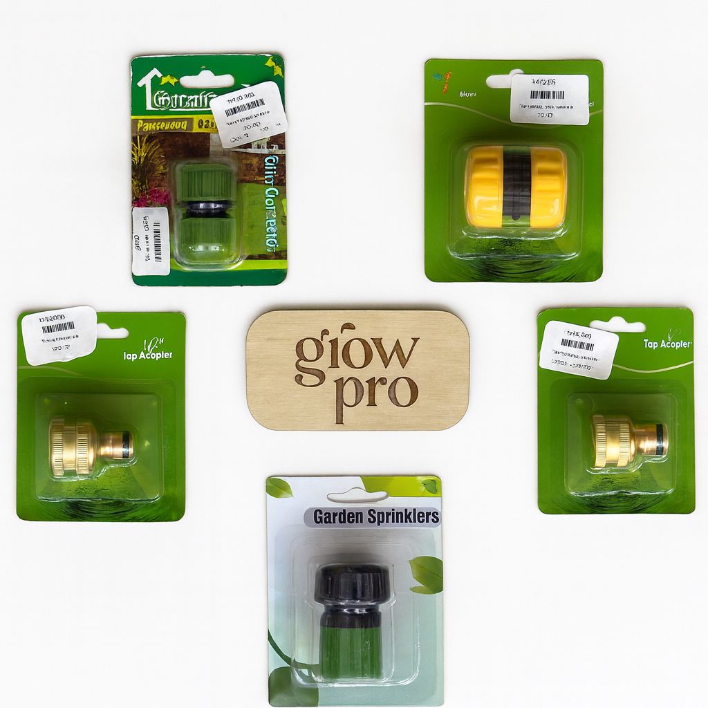 packaged garden hose connectors in various designs and colors, arranged around an engraved wooden Grow Pro logo plaque on a white background.”