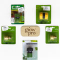 packaged garden hose connectors in various designs and colors, arranged around an engraved wooden Grow Pro logo plaque on a white background.”