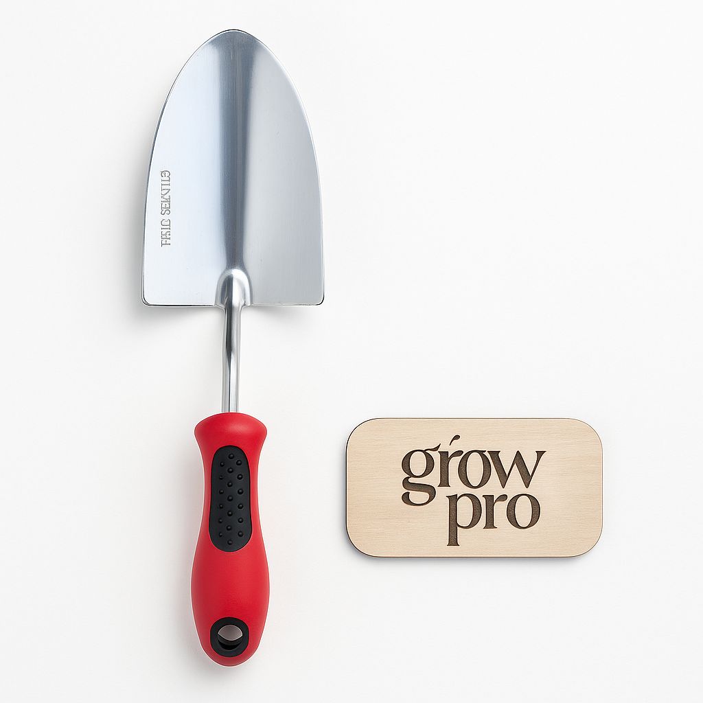 Grow Pro stainless steel gardening trowel with red ergonomic handle, displayed on a white background next to engraved wooden Grow Pro logo plaque.”