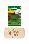 Colorthumb professional green grip hose connector in retail packaging, displayed on a white background with engraved wooden Grow Pro logo plaque.”